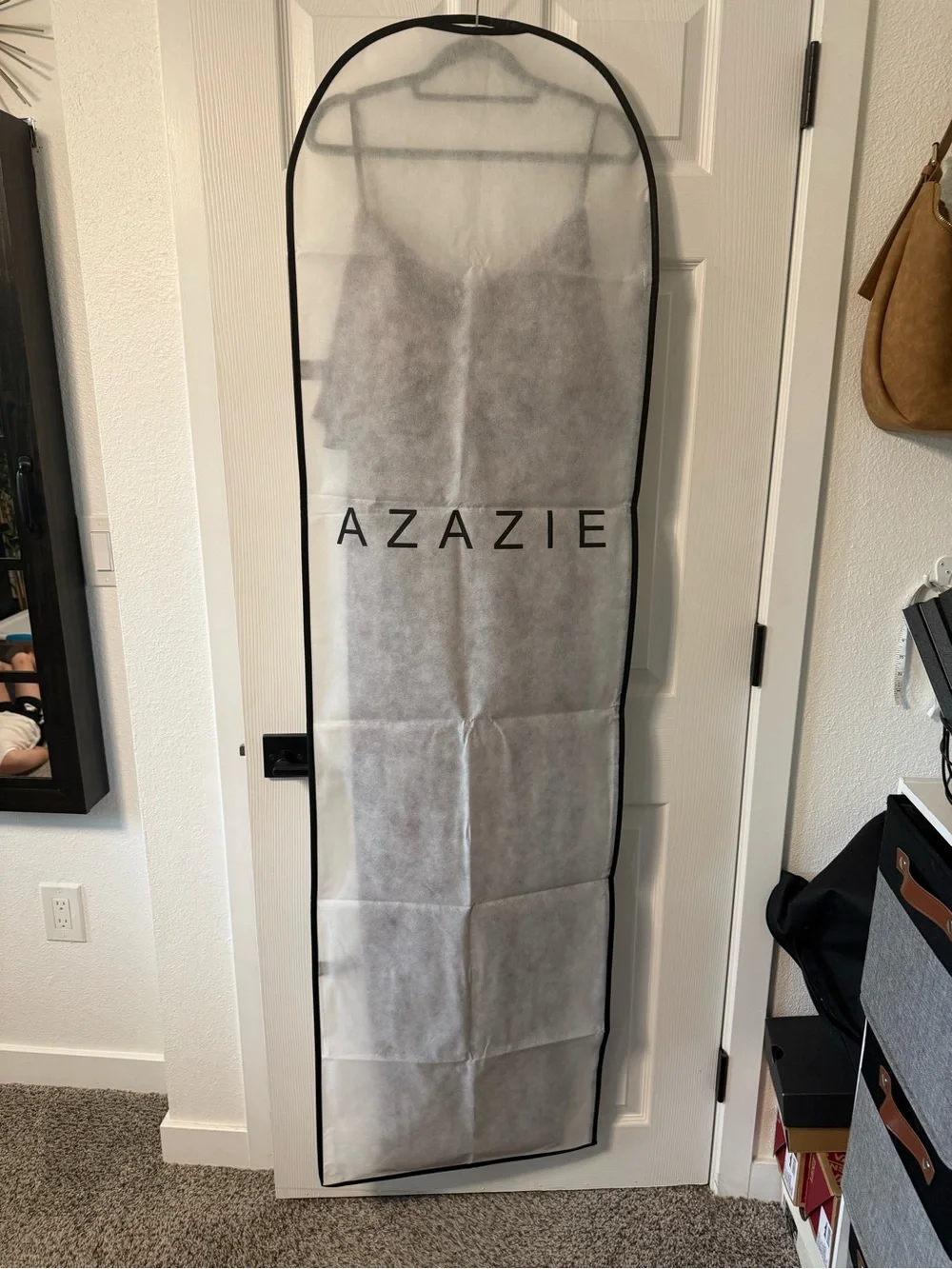 NWT Azazie Jean Bridesmaid Dress Espresso Stretch Satin Off-Shoulder Gown A10